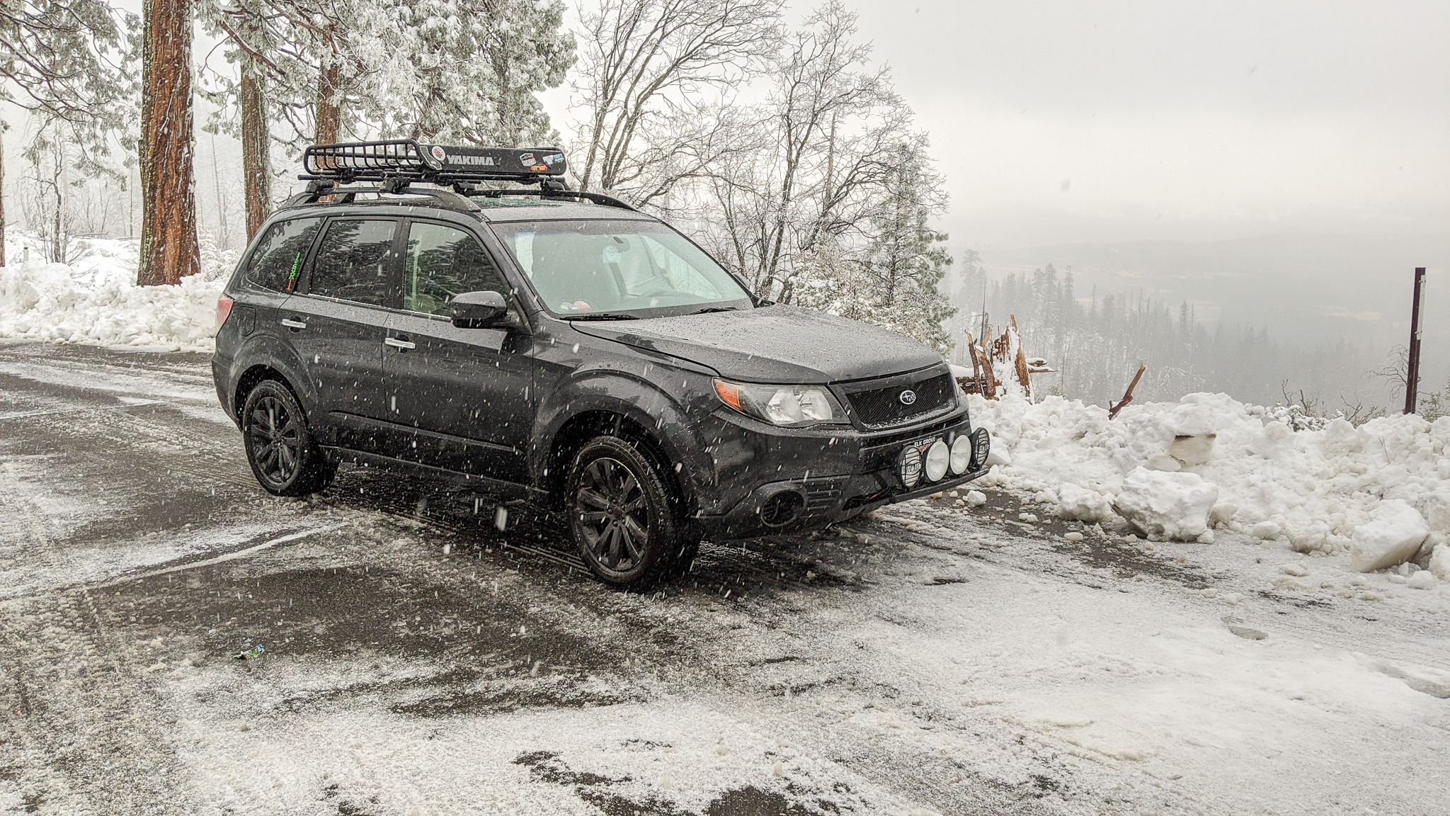 Subaru driving in the snow